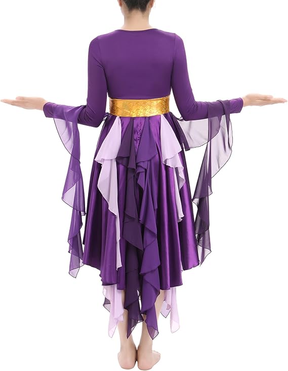 Metallic Praise Dance Dress for Women Asymmetrical Ruffle Overlay Liturgical Lyrical Worship Costume