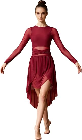 Women Lyrical Dance Dress Asymmetrical Mesh Skirt Contemporary Modern Ballet Ballroom Dancewear