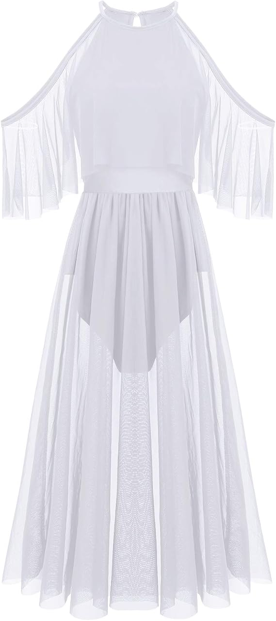 Women Lyrical Dance Costume Shiny Criss Cross Spaghetti Strap Full Circle Mesh Tulle Long Dress with Brooch Pin
