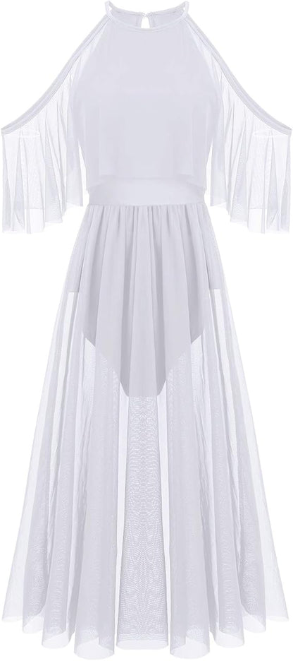 Women Lyrical Dance Costume Shiny Criss Cross Spaghetti Strap Full Circle Mesh Tulle Long Dress with Brooch Pin