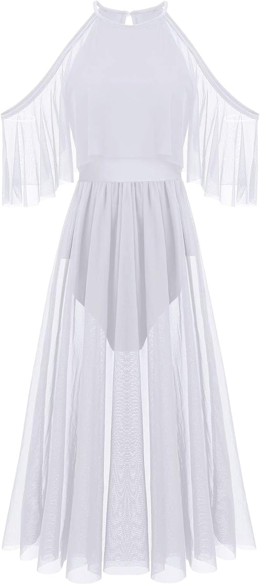 Women Lyrical Dance Costume Shiny Criss Cross Spaghetti Strap Full Circle Mesh Tulle Long Dress with Brooch Pin