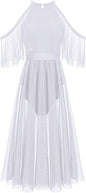 Women Lyrical Dance Costume Shiny Criss Cross Spaghetti Strap Full Circle Mesh Tulle Long Dress with Brooch Pin
