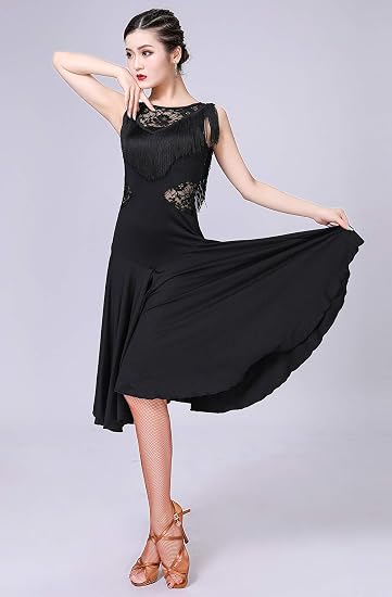 Ballroom Dance Dresses for Women Fringed Lace Back Salsa Latin Dance Dress with Shorts (5 Colors)