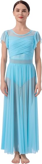 Lyrical Dance Costume for Women Mesh Ruffle Cutout Lyrical Dress Flowy Tulle Skirt Contemporary Dance Costumes XS-XL