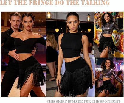 Fringe Skirt for Women Salsa Party Latin Dance Skirt with Shorts Rave Outfit