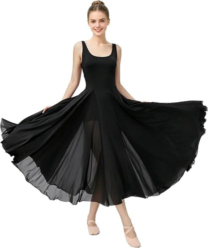 Women's U Neck Sleeveless Lyrical Dance Dress Contemporary Ballet Costume Flowy Tulle Skirt with Shorts