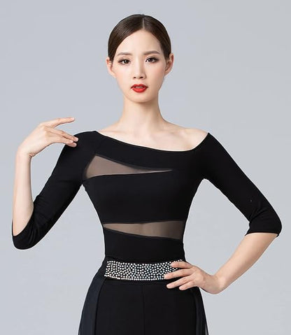 Women's Dance Tops for Women Sexy Oblique Shoulder 1/2 Sleeve Ballroom Latin Yoga Crop Tops Shirt