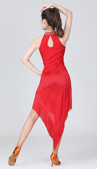 Women's Ballroom Latin Tango Salsa Dance Dress High Low Swallowtail Fringe Skirt Dance Costume with Shorts
