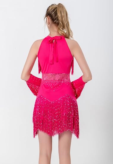 Women Latin Dress Lace Rhinestone Fringe Skirt Ballroom Salsa Cha Cha Dance Party Dress with Armband