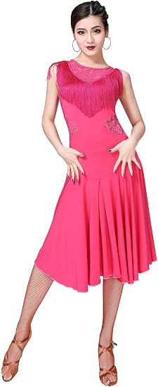 Ballroom Dance Dresses for Women Fringed Lace Back Salsa Latin Dance Dress with Shorts (5 Colors)