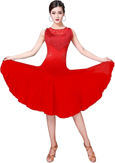 Ballroom Dance Dresses for Women Fringed Lace Back Salsa Latin Dance Dress with Shorts (5 Colors)