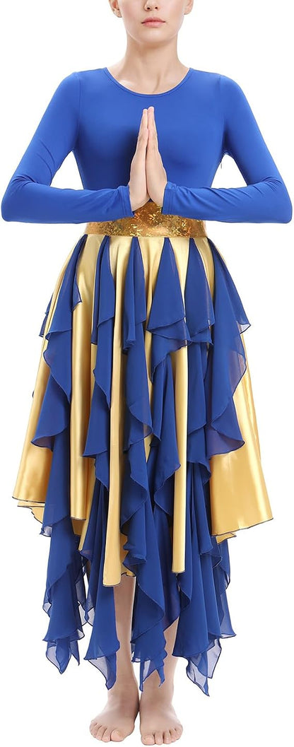 Metallic Praise Dance Dress for Women Asymmetrical Ruffle Overlay Liturgical Lyrical Worship Costume
