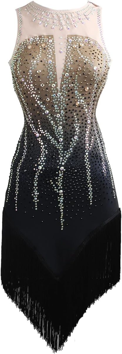 Latin Dance Dress Ballroom Competition Dresses Women Tango Ballroom Dancing Costume Fringe Flapper Sleeveless Shining Diamond