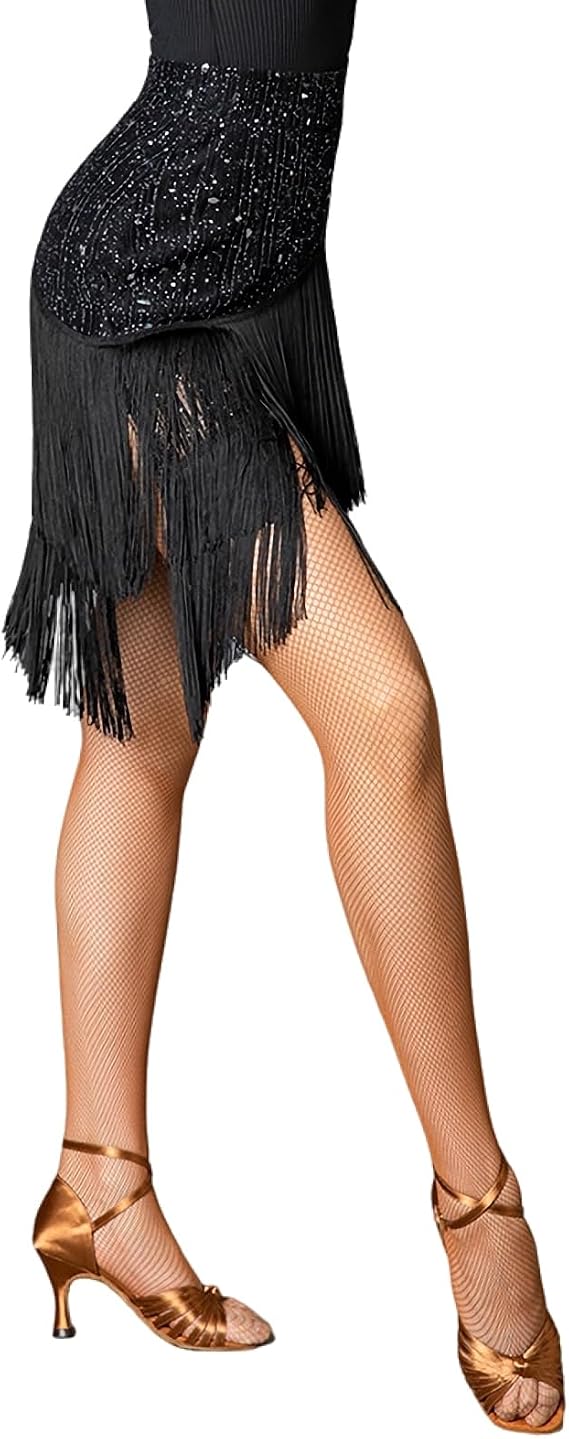 Women Black Latin Dance Skirt Practice Wear Tassel Short Skirt Professional Performance Skirt