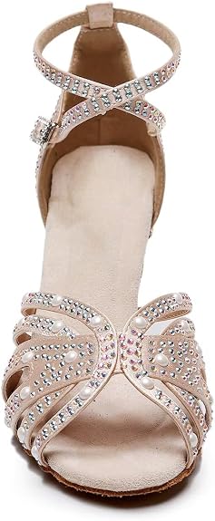 Women's Rhinestone Latin Dance Shoes - Comfortable Satin Salsa Bachata Heels for Wedding Party Performance & Practice (3'' Heel)