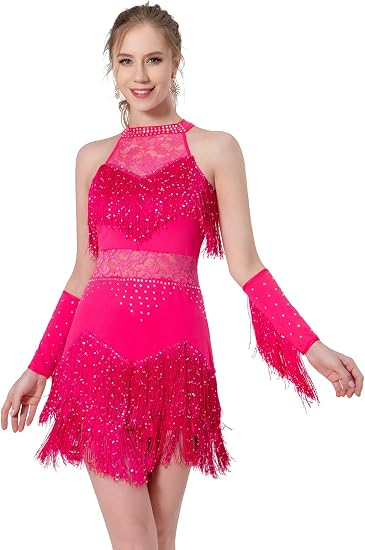 Women Latin Dress Lace Rhinestone Fringe Skirt Ballroom Salsa Cha Cha Dance Party Dress with Armband