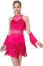 Women Latin Dress Lace Rhinestone Fringe Skirt Ballroom Salsa Cha Cha Dance Party Dress with Armband