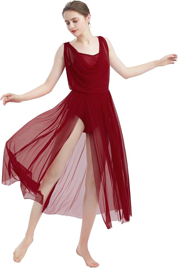 Women Lyrical Modern Contemporary Dance Costume Leotard V-Neck Backless Split Tulle Skirt Flowy Overlay Dress