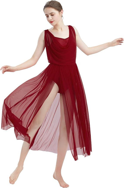 Women Lyrical Modern Contemporary Dance Costume Leotard V-Neck Backless Split Tulle Skirt Flowy Overlay Dress