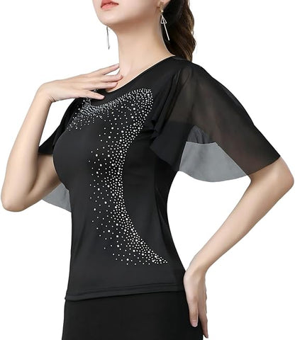 Womens Latin Dance Costume Rhinestone Flared Sleeves Stage Performance Ballroom Dancing Tops