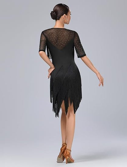Rhinestones Layered Fringe Dress Ballroom Latin Dance Dress for Women Tassel Flapper Dresses Salsa Dancing Costume