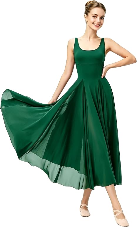Women's U Neck Sleeveless Lyrical Dance Dress Contemporary Ballet Costume Flowy Tulle Skirt with Shorts