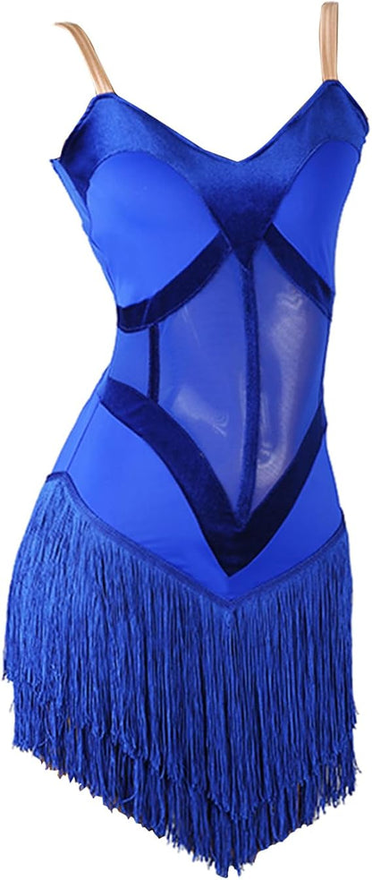 Women Blue Latin Dance Dress Competition Costume V Neck Layered Fringe Tassel Hem Sleeveless