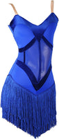 Women Blue Latin Dance Dress Competition Costume V Neck Layered Fringe Tassel Hem Sleeveless