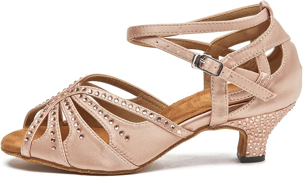 Women’s Ballroom Latin Salsa Dance Shoes, 2-Inch Low Heel, Comfortable with Rhinestones, Suede Sole, Lightweight, for Beginners, Practice, Social & Party