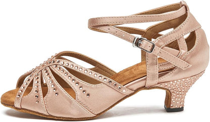 Women’s Ballroom Latin Salsa Dance Shoes, 2-Inch Low Heel, Comfortable with Rhinestones, Suede Sole, Lightweight, for Beginners, Practice, Social & Party
