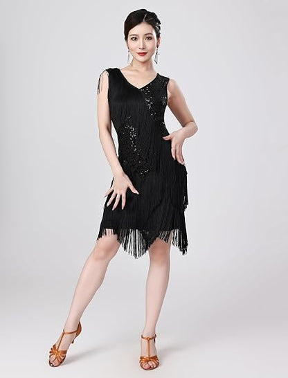 Women Sexy Fringe Latin Dance Dress Sequins Flapper Tassel Jazz Costume Sleeveless V-Neck Dancing Party Outfit