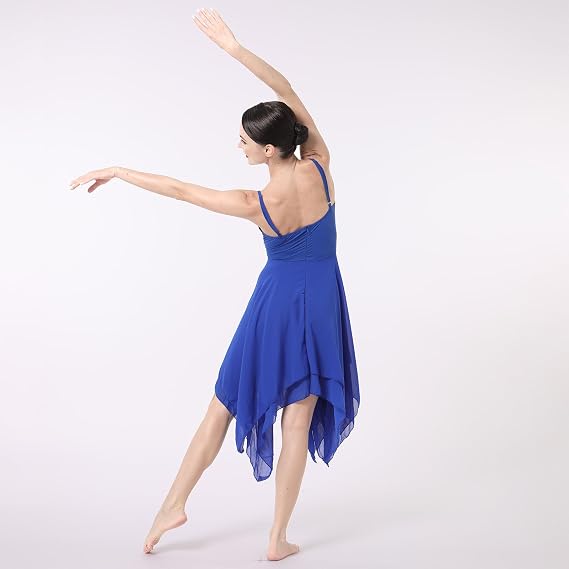 Women Lyrical Dance Costume Modern Contemporary Ballet Dancewear Spaghetti Strap Chiffon Flowy Dress
