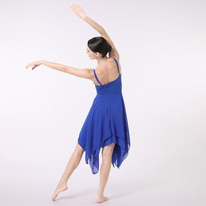 Women Lyrical Dance Costume Modern Contemporary Ballet Dancewear Spaghetti Strap Chiffon Flowy Dress