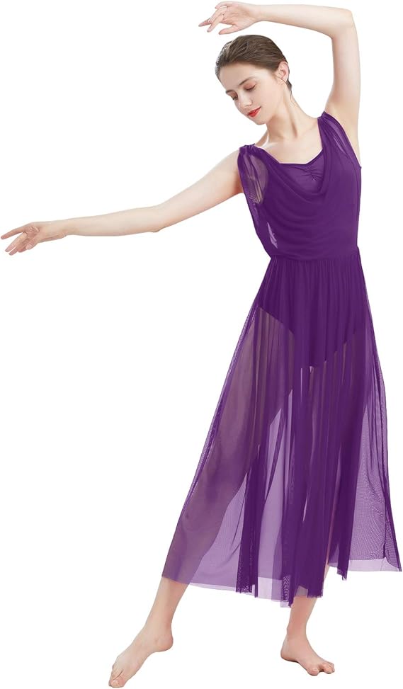 Women Lyrical Modern Contemporary Dance Costume Leotard V-Neck Backless Split Tulle Skirt Flowy Overlay Dress