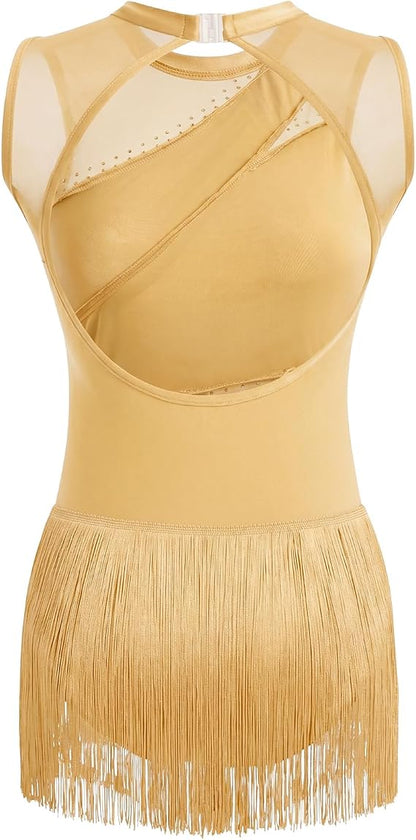 Women Sexy Rhinestone Fringe Latin Showgirl Bodysuit