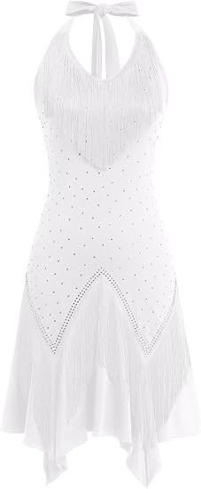 Women Halter Rhinestone Fringe Latin Dance Flapper Dress