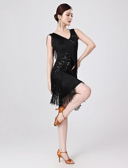 Women Sexy Fringe Latin Dance Dress Sequins Flapper Tassel Jazz Costume Sleeveless V-Neck Dancing Party Outfit