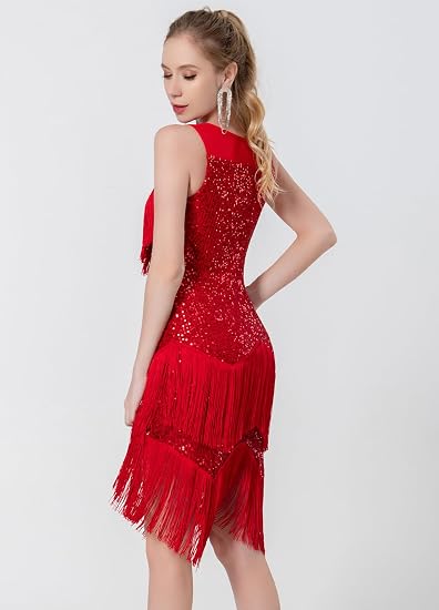 Women's Salsa Latin Dance Dress Glitter Sequin Fringe Flapper Party Ballroom Outfit