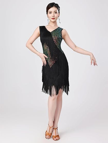 Women Sexy Fringe Latin Dance Dress Sequins Flapper Tassel Jazz Costume Sleeveless V-Neck Dancing Party Outfit