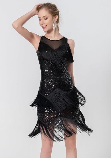 Women's Salsa Latin Dance Dress Glitter Sequin Fringe Flapper Party Ballroom Outfit