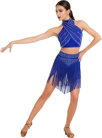 Women Tassel Chacha Samba Performance Rhinestone Dress Latin Dance Costume Fringe Salsa Dance Outfit
