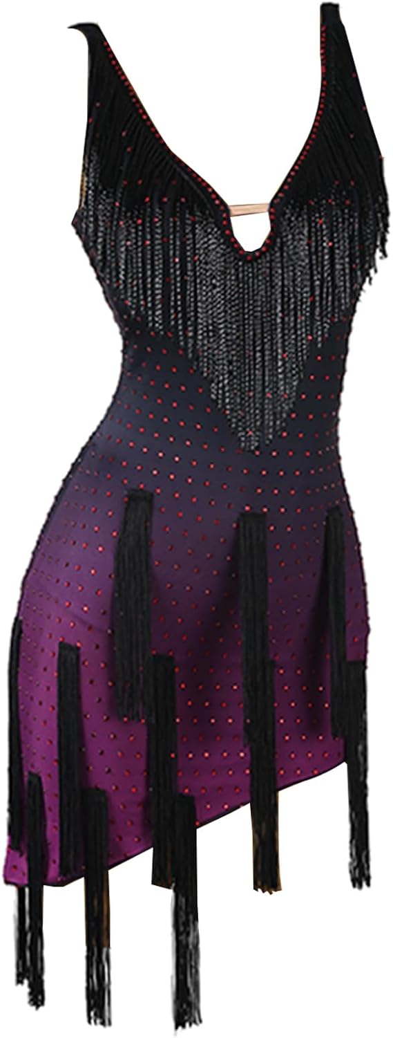 Women Latin Dance Dress Competition Costume V Neck Full Long Fringe Hem Sleeveless