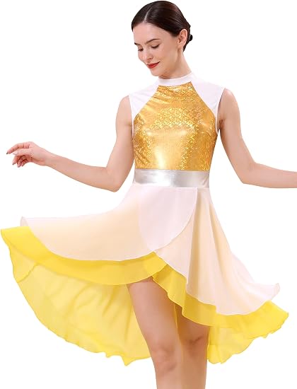 Metallic Color Block Praise Dance Overlay Dress for Women Asymmetrical Ruffle Worship Tunic Liturgical Dancewear