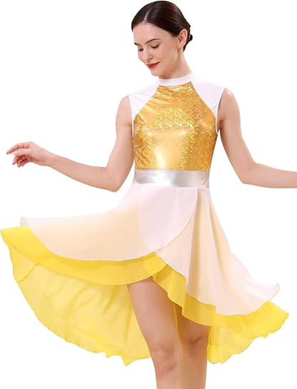 Metallic Color Block Praise Dance Overlay Dress for Women Asymmetrical Ruffle Worship Tunic Liturgical Dancewear