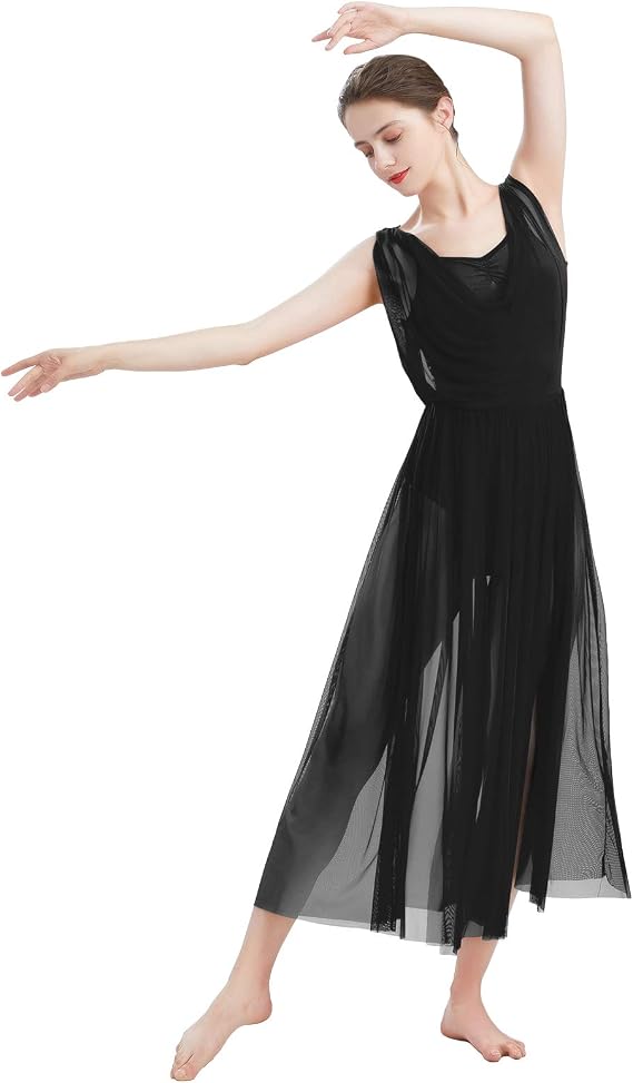 Women Lyrical Modern Contemporary Dance Costume Leotard V-Neck Backless Split Tulle Skirt Flowy Overlay Dress