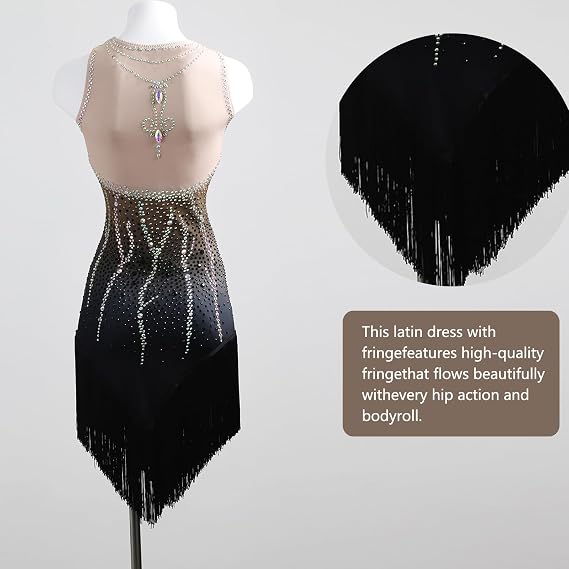 Latin Dance Dress Ballroom Competition Dresses Women Tango Ballroom Dancing Costume Fringe Flapper Sleeveless Shining Diamond