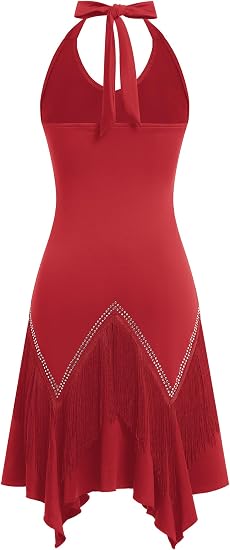 Rhinestone Fringe Latin Dance Dress for Women Tassel Halter Flapper Dresses 1920s Gatsby Handkerchief Salsa Dancing Costume