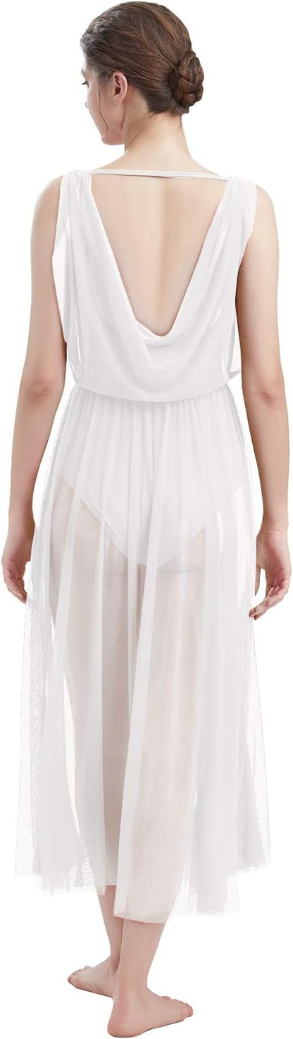 Women Lyrical Modern Contemporary Dance Costume Leotard V-Neck Backless Split Tulle Skirt Flowy Overlay Dress