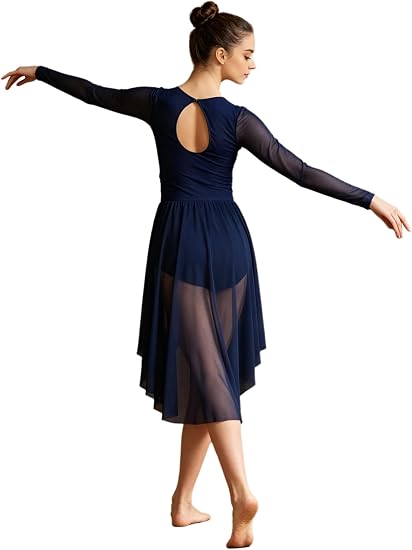 Women Lyrical Dance Dress Asymmetrical Mesh Skirt Contemporary Modern Ballet Ballroom Dancewear