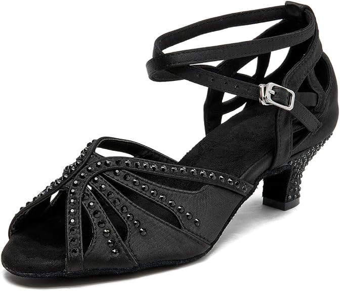 Women’s Ballroom Latin Salsa Dance Shoes, 2-Inch Low Heel, Comfortable with Rhinestones, Suede Sole, Lightweight, for Beginners, Practice, Social & Party